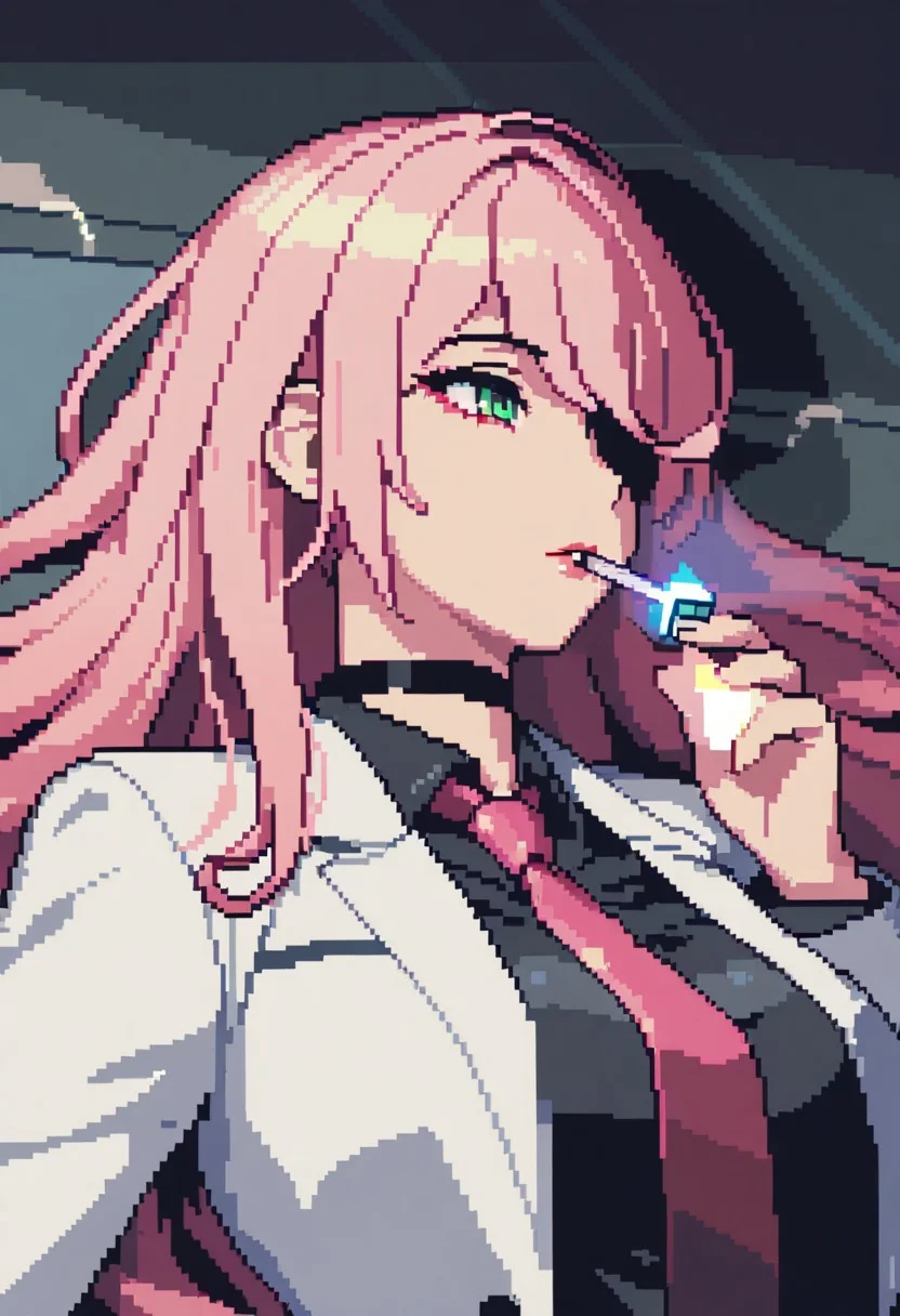 gorgeous lips, cinematic, (masterpiece), (best quality), (ultra-detailed), very aesthetic, illustration, perfect composition, intricate details, absurdres, detailed face, (anime, masterpiece, intricate:1.3), (best quality, hires textures, high detail:1.2), (4k),(incredibly detailed:1.4) 
(game pixel), (pixel art), (pixelart), (focus character), cartoon, (lofi style), pixel art, cutesycotton, (cyberpunk style)
1woman, solo, long hair, pink hair, black choker, green eyes, one eye covered by hair, lying on side, eyeliner, gorgeous lips, white suit, tie, office lady, looking down, <lora:sm0k1ngXL:0.6> sm0k1ng, smoking, holding lighter, lighting cigarette, night, face lit by lighter