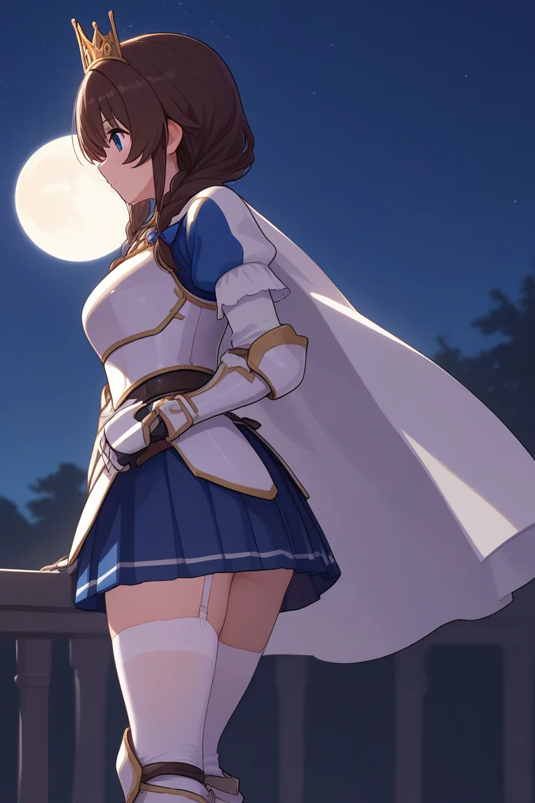 1girl, melancholic expression, distant gaze, back view, looking over shoulder, cape fluttering, full moon, cliffside, starry sky, night, quiet atmosphere
<lora:HolyKnight_Ricca_Illustrious:0.8>,holy_ricca,braid,twin braid,long hair,breasts,blue eyes, brown hair,knight_ricca,white thighhighs,white_cape,blue_dress,gloves,skirt,armor,boots,crown,white,breastplate,gauntlets,greaves,armored boots,armored dress,blue skirt,garter belt,garter straps,pleated skirt ,, masterpiece, best quality, amazing quality, newest