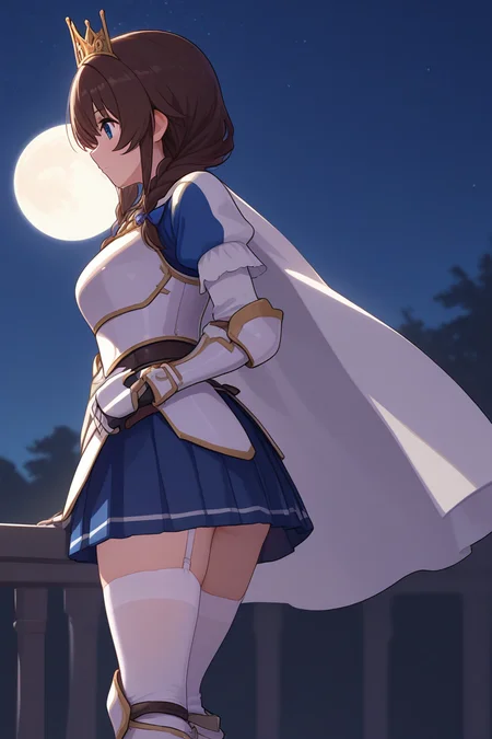 1girl, melancholic expression, distant gaze, back view, looking over shoulder, cape fluttering, full moon, cliffside, starry sky, night, quiet atmosphere
<lora:HolyKnight_Ricca_Illustrious:0.8>,holy_ricca,braid,twin braid,long hair,breasts,blue eyes, brown hair,knight_ricca,white thighhighs,white_cape,blue_dress,gloves,skirt,armor,boots,crown,white,breastplate,gauntlets,greaves,armored boots,armored dress,blue skirt,garter belt,garter straps,pleated skirt ,, masterpiece, best quality, amazing quality, newest