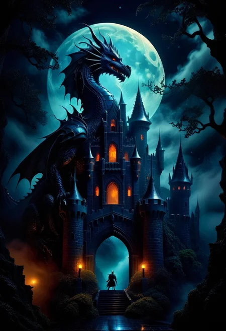 Mystical land, knight's castle, magical, dreams, fantasy, tiny details, extremely detailed, big dragon, midnight, full moon, fog
perfection style, vivid colors, colorful, midjourneyv6.1, Unfazed dragon, fantasy art deco, focus on dagon, big dragon in front, dark, Dark Fantasy page