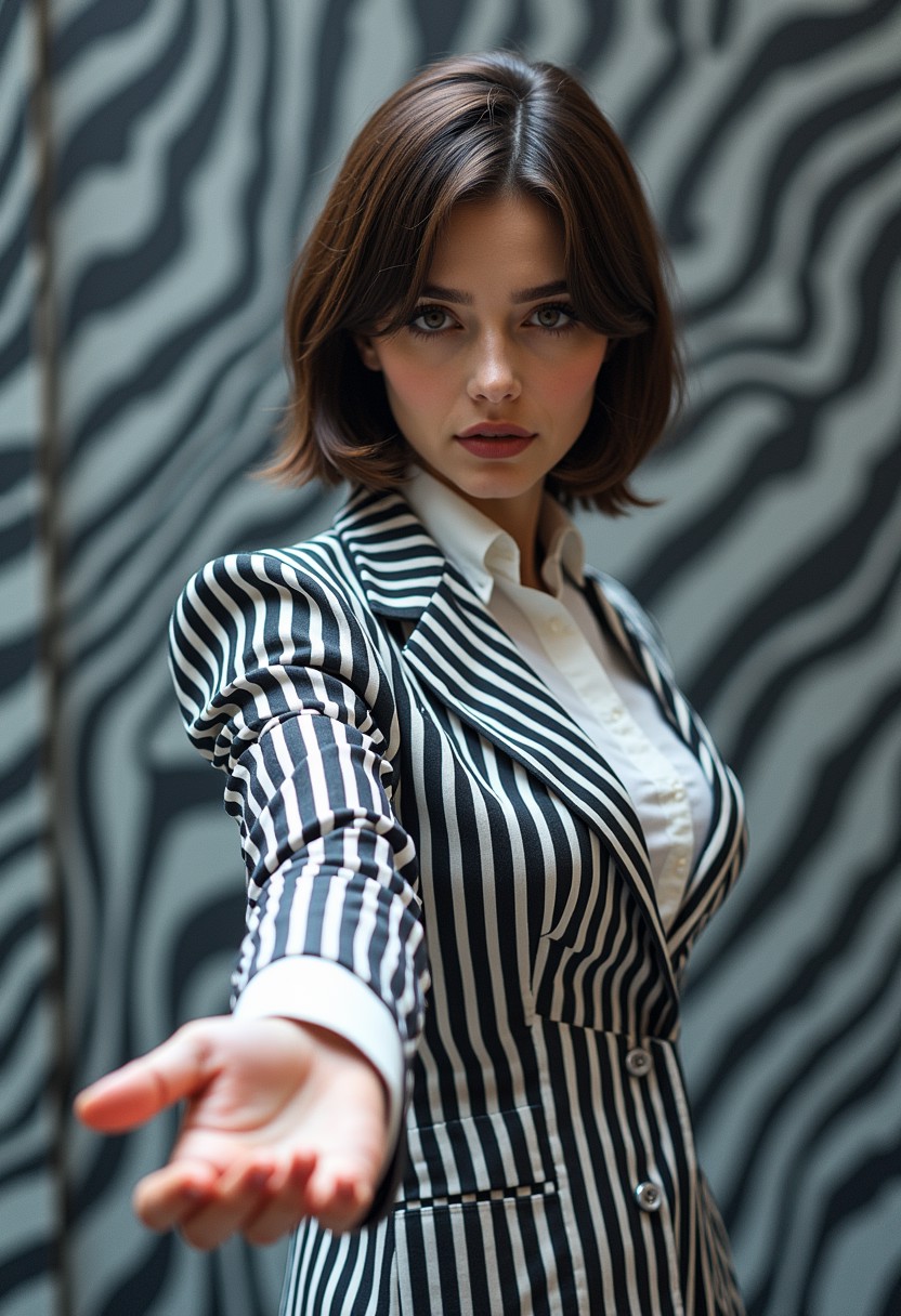 Handing lined/Striped Card to Viewer, CloseUp Portrait, Realistic, awesome Surreal, a Woman Handling Out lines cards, seems seamless with the Bold Striped Background, are seamless, Monochrome with color spots, very detailed, high Quality, realistic pastel, Very bold lines, an entire scenery Made of lines, realistic buxom Amélie Woman with Short Brown Hair in Striped Official suit Standing infront of Gate Made of lines and Stripes, leading into the perfect spaced Galaxy, of lines and formed By bold perfectly spaced wide strong lines, A grignani swirl Made of greyscale, very wide and Bold black and White lines, high Quality, photorealistic, atmospheric backlight, monochrome but bleaked blue highlighted