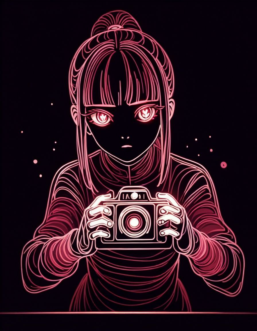 score_9,score_8_up,score_7_up, <lora:Navi_LustStrokes_PonyXL_S1:1>, pink sketch, monochrome, black background, black theme,  
 symbol-shaped pupils, medium hair,  blunt ends,  high ponytail, solo, holding camera, leaning forward, dynamic pose, looking at looking at viewer ,