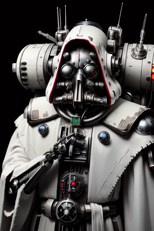 ((masterpiece,best quality)), absurdres, mechanical arms, robes, hood, ((techpriest)), cyborg, mechanical face, (TheEmpireStyle, white) mechanical limbs, gas mask, black robe, 1other, solo, ((Warhammer 40000))
