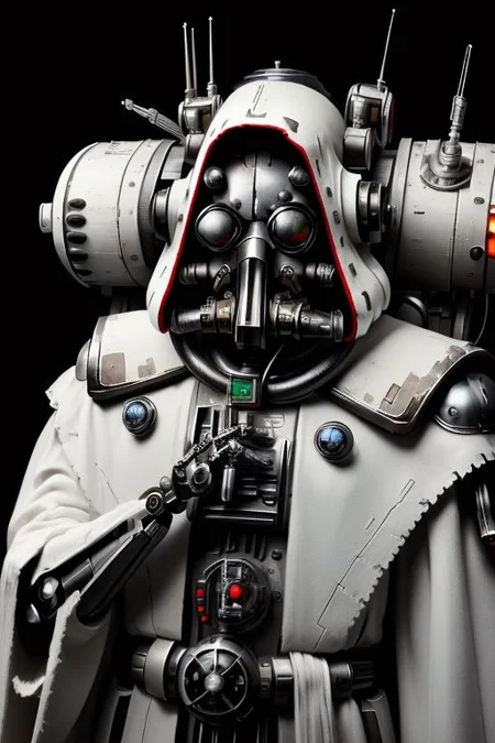 ((masterpiece,best quality)), absurdres, mechanical arms, robes, hood, ((techpriest)), cyborg, mechanical face, (TheEmpireStyle, white) mechanical limbs, gas mask, black robe, 1other, solo, ((Warhammer 40000))