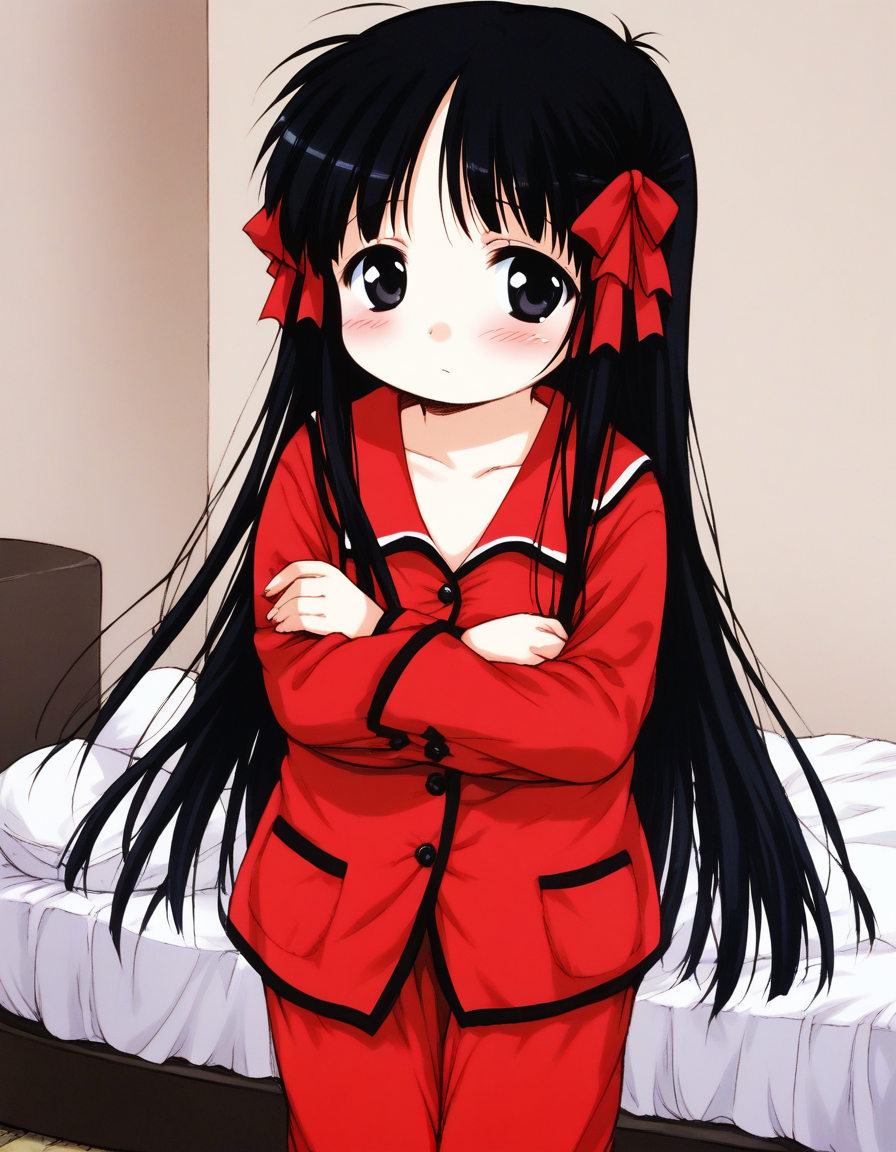 score_9, score_8_up, score_7_up, source_anime, rating_explicit, BREAK  <lora:Hoshino_Hina_XL:1> Hoshino_Hina, long hair, black hair, black eyes, hair ribbon, short stack,
red pajamas, long pants, v arms, 
bedroom,
blush,
looking at viewer, 
cowboy_Shot,