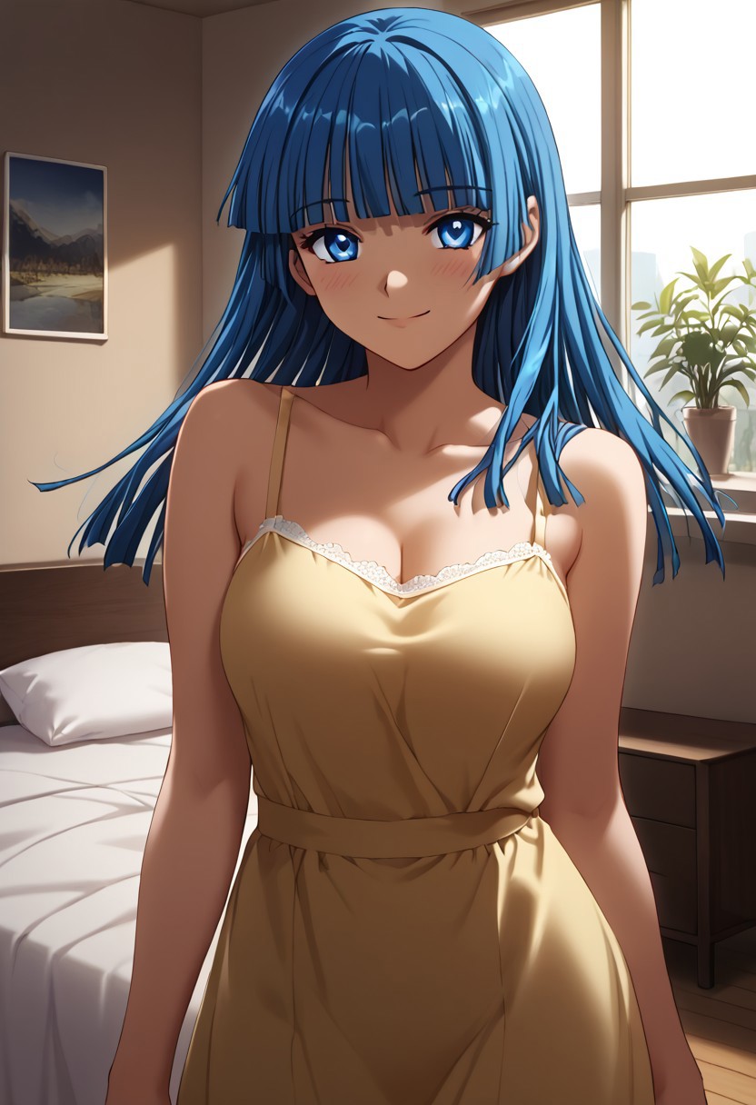 score_9,score_8_up,score_7_up,source_anime,5_figner,2d_animation,game cg,BREKE,1girl,solo,
Yubiki Shitone,
blue eyes,blue hair,long hair,bangs,
yellow camisole,
large breasts,front view,cowboy shot,smile,blush,
room,bed,window,curtain,standing,
masterpiece,best qualit,ultra-detailed,illustration,an extremely delicate and beautiful,beautiful detailed eyes,unity 8k wallpaper,high resolution,anime CG,official_art,