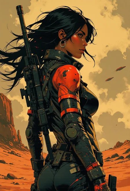 in the style of ck-mgs, nistyle, Inkplash art on rice paper, sepia, henna, Silhouette Art, magnificent, inksplash, closeup portrait, female bounty hunter, flowing black hair, reflective black and neon red armor, futuristic armor, a rifle strapped to her back, holstered pistol, holding hand up, abstract background suggesting a harsh desert world, Spaceships flying overhead, dust storm, windy, 
Cowboy Shot, close up,