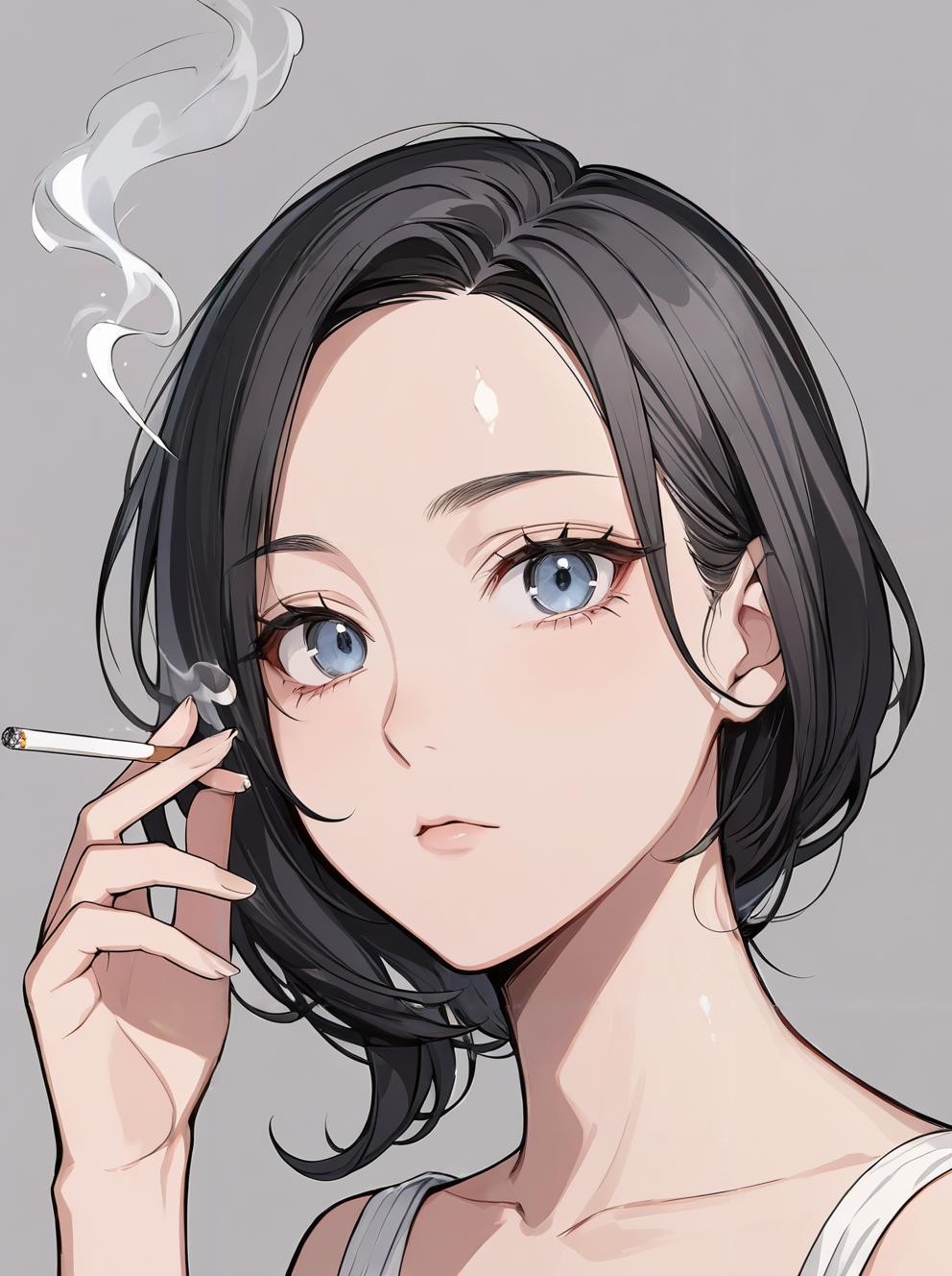 masterpiece,ultra-detailed,best quality,8K,illustration,cute face,clean skin ,shiny hair,girl,ultra-detailed-eyes,simple background, <lora:add-detail-xl:1> <lora:smoking_XL_V1.0:1> smoking, holding cigarette, smoke