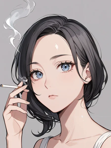 masterpiece,ultra-detailed,best quality,8K,illustration,cute face,clean skin ,shiny hair,girl,ultra-detailed-eyes,simple background, <lora:add-detail-xl:1> <lora:smoking_XL_V1.0:1> smoking, holding cigarette, smoke