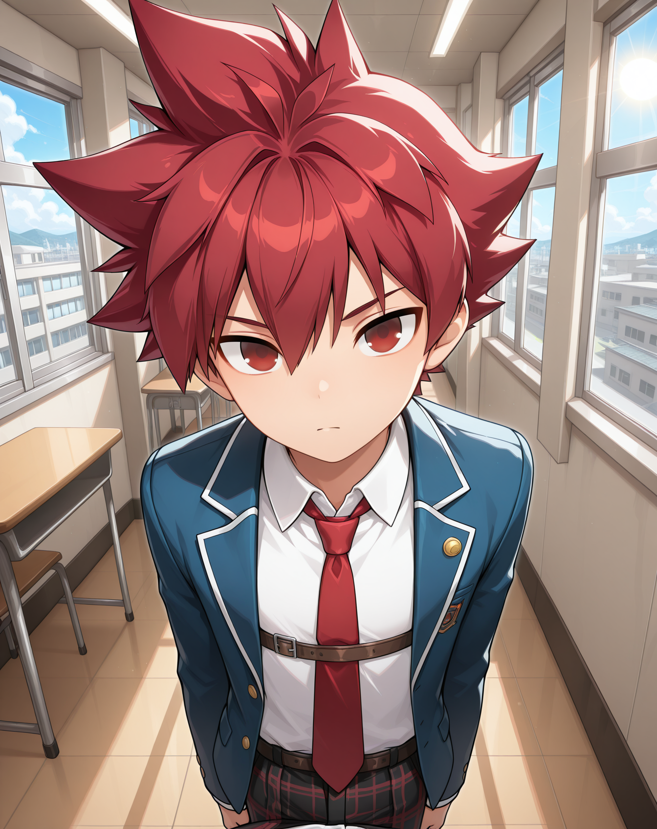 masterpiece,best quality,amazing quality, newest, very aesthetic, absurdres,
1boy, solo, yaoi, male focus, looking at viewer, cowboy shot,
<lora:Elsword_Base_ilxl:1> elswordbase, red eyes, spiked hair, red hair,
school uniform, white shirt, collared shirt, blue jacket, red necktie, black pants, plaid pants,
indoors, school, hallway, window, day, sun,