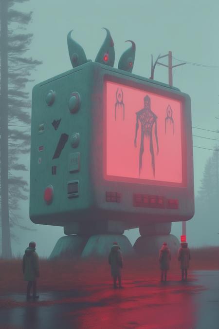 <lora:Simon Stalenhag:1>Simon Stalenhag - foggy, twin peaks, satanic figures, giant gameboy, runic symbols, simon stålenhag, hyper realistic octane render