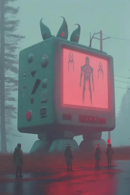 <lora:Simon Stalenhag:1>Simon Stalenhag - foggy, twin peaks, satanic figures, giant gameboy, runic symbols, simon stålenhag, hyper realistic octane render