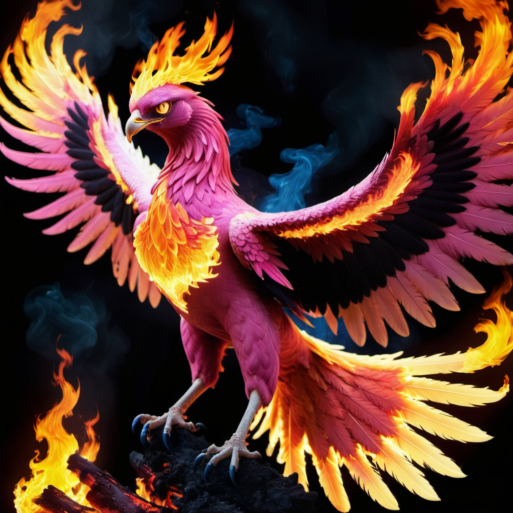 (half pink) half flaming phoenix,<lora:Phoenix:0.68>,terrifying glowing eyes,flaming wings,<lora:phoenix:0.68>,