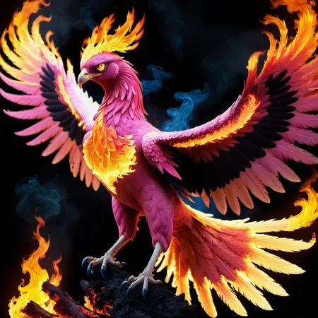 (half pink) half flaming phoenix,<lora:Phoenix:0.68>,terrifying glowing eyes,flaming wings,<lora:phoenix:0.68>,