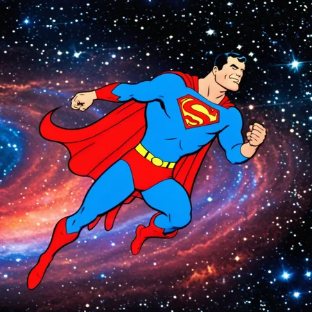 A heroic, broad-shouldered superhero in a vibrant, form-fitting costume with a flowing red cape, soaring through the vastness of outer space. His strong jawline, determined expression, and classic comic book proportions reflect the bold, dynamic animation style of 1970s superhero cartoons. The background features a deep cosmic expanse, dotted with glowing stars, colorful nebulae, and distant planets. His pose is iconic—one arm stretched forward in a powerful flight stance, cape billowing behind him, embodying a classic Saturday morning adventure tone. The scene is framed with bright, saturated colors and simple, clean linework reminiscent of vintage Hanna-Barbera and Super Friends animation aesthetics.
