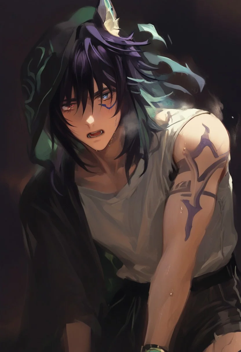 1boy, solo, male focus, animal ears, animal ear fluff, fox ears, ororon_(genshin_impact), black hair, spiky hair, messy hair, purple tint hair, green highlight, multicolored hair, wolf cut hair, hair between eyes, bangs, tan skin, Heterochromia, one green eye, one purple eye, facial marks, facial tattoo, fox boy, white tshirt, white top, satisfaction, satisfied, open mouth, drooling, looking at viewer, on bed, bed sheet, watch, spiky hair, messy hair, sweaty hair,
all fours, restraining viewer, dark theme, dark room, unlit room, no light, intense shadow, shadow, intimidating, slim body, pectorals, abs, sweating, heavy breathing, looking down, on knees, kneeling, sweat everywhere,
<lora:mondi_400r:1>, score_9,score_8_up,score_7_up, source_anime, male focus, Muscular,
loose clothes,
big thigh, big chest, hung, manly, tall, detailed eyebrow, sharp eyebrows, focus on thigh, hairy thigh, thigh focus, from bottom, dark theme, dim light,
heavy breathing from mouth, steam, sweat, gas steam, sweating, sweat, view from the bottom, random view, looking at viewer, dark background,