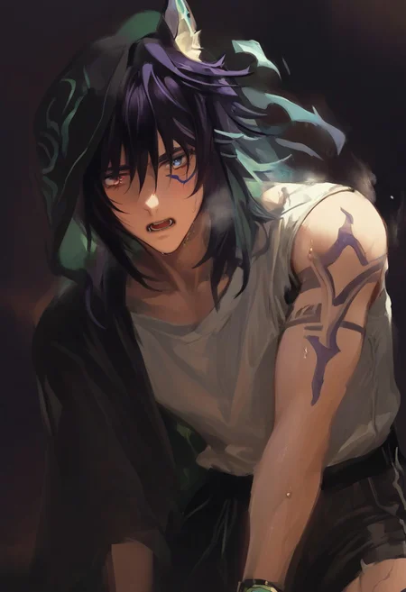 1boy, solo, male focus, animal ears, animal ear fluff, fox ears, ororon_(genshin_impact), black hair, spiky hair, messy hair, purple tint hair, green highlight, multicolored hair, wolf cut hair, hair between eyes, bangs, tan skin, Heterochromia, one green eye, one purple eye, facial marks, facial tattoo, fox boy, white tshirt, white top, satisfaction, satisfied, open mouth, drooling, looking at viewer, on bed, bed sheet, watch, spiky hair, messy hair, sweaty hair,
all fours, restraining viewer, dark theme, dark room, unlit room, no light, intense shadow, shadow, intimidating, slim body, pectorals, abs, sweating, heavy breathing, looking down, on knees, kneeling, sweat everywhere,
<lora:mondi_400r:1>, score_9,score_8_up,score_7_up, source_anime, male focus, Muscular,
loose clothes,
big thigh, big chest, hung, manly, tall, detailed eyebrow, sharp eyebrows, focus on thigh, hairy thigh, thigh focus, from bottom, dark theme, dim light,
heavy breathing from mouth, steam, sweat, gas steam, sweating, sweat, view from the bottom, random view, looking at viewer, dark background,