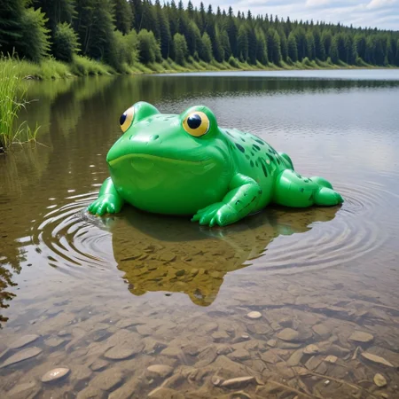 an inflatable frog, lake