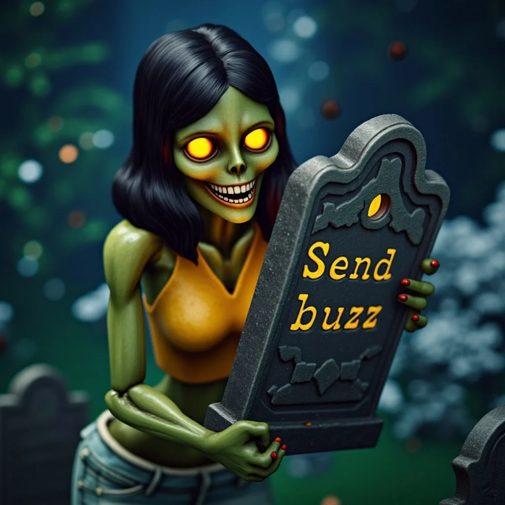 a simsstyle picture, isometric view, low poly, zkeleton
A cute female zombie sim holding up a tombstone.
Engraved in golden glowing letters.
"Send buzz"
