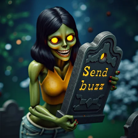 a simsstyle picture, isometric view, low poly, zkeleton
A cute female zombie sim holding up a tombstone.
Engraved in golden glowing letters.
"Send buzz"