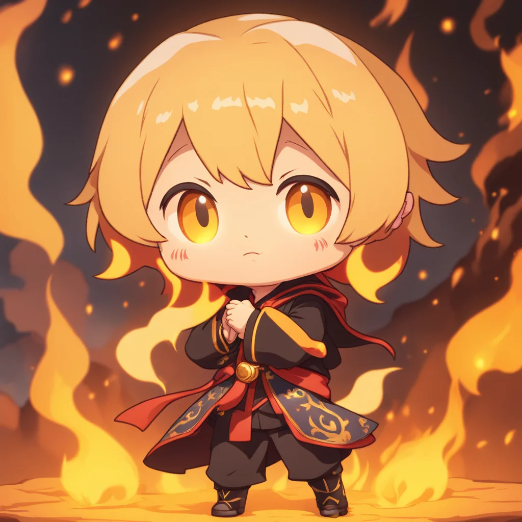 1girl, chibi, mage, fire, fire ball, scenery, standing, depth of field, yellow eyes, cute, full body, 8k, high resolution, burry background, lighting