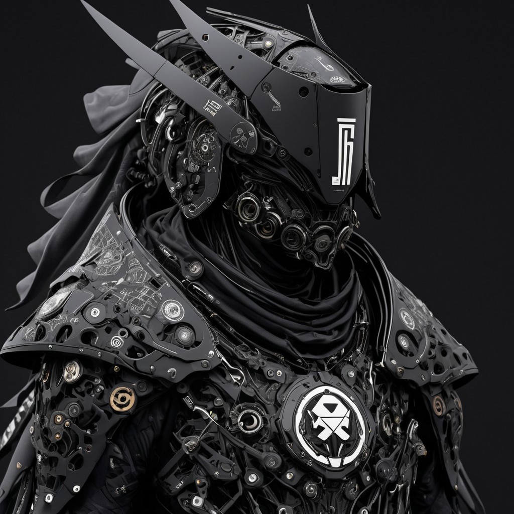 Digital illustration of a futuristic, armored humanoid figure. The subject is dressed in a highly detailed, dark, and bulky exosuit with intricate mechanical components and white accents. The suit features various textures and layers, including a cloak-like garment with angular, geometric shapes. The figure's head is adorned with a helmet that has two antenna-like protrusions and a visor, giving it a robotic appearance. The suit has several logos and text in white, including a prominent circular emblem on the chest and arm. The overall design is sleek and modern, with a strong emphasis on technology and advanced materials.