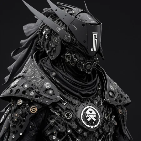 Digital illustration of a futuristic, armored humanoid figure. The subject is dressed in a highly detailed, dark, and bulky exosuit with intricate mechanical components and white accents. The suit features various textures and layers, including a cloak-like garment with angular, geometric shapes. The figure's head is adorned with a helmet that has two antenna-like protrusions and a visor, giving it a robotic appearance. The suit has several logos and text in white, including a prominent circular emblem on the chest and arm. The overall design is sleek and modern, with a strong emphasis on technology and advanced materials.