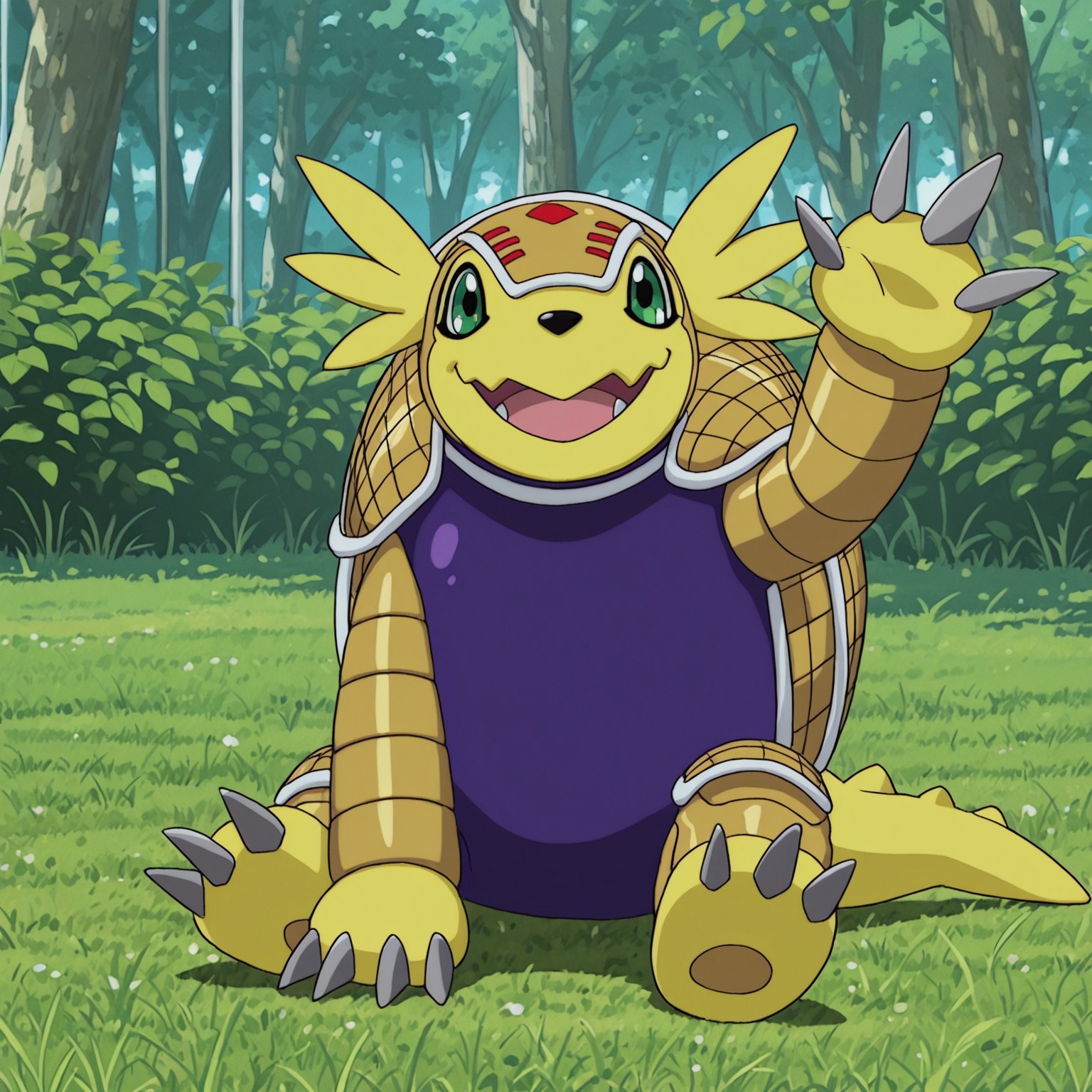 2d, solo, Digimon (creature), Armadillomon, armadillo, yellow fur, quadruped, green eyes, black nose, armor, shell, tail, claws, toe claws, tail spikes, three claws, feral, purple underside

BREAK open mouth smile, sitting, Park, on grass, looking at viewer, waving, outside,

BREAK best quality, amazing quality, very aesthetic, absurdres, newest