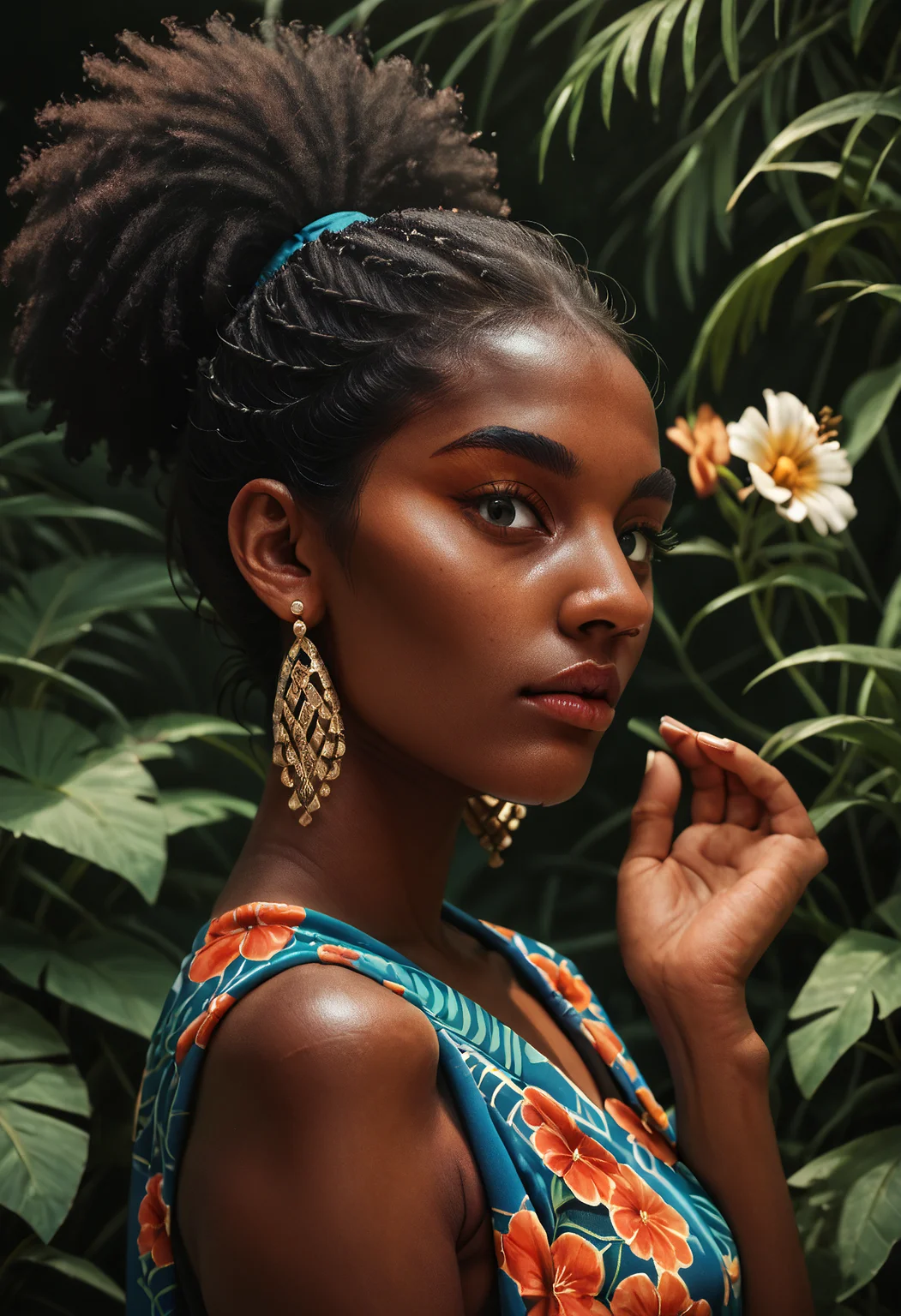 score_9, score_8_up, score_7_up, score_6_up, score_5_up, score_4_up, a highly detailed painting of a black woman, 1 woman, black woman, dark skin, 40 years old, afro puff ponytail, no makeup, fingernails, earrings, jewelry, sunny afternoon, beautiful intricate tropical flower pattern dress, outdoor college graduation ceremony, side view, looking at the viewer<lora:lukethighwalkerneonponyv6> <lora:Black_Woman_v3-000006> <lora:detailed_notrigger>
