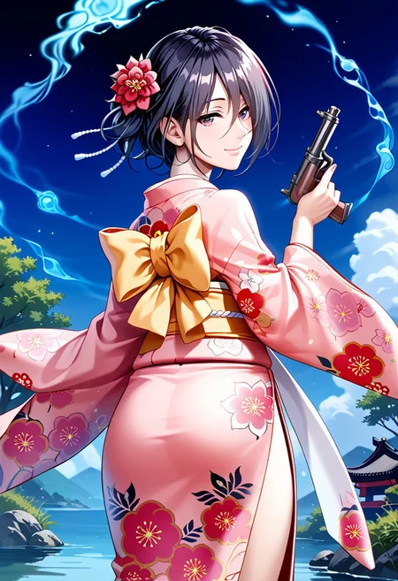 score_9,score_8_up,score_7_up,source_anime, Shishimura Koro,1girl,solo,looking at viewer,smile,hair ornament,holding,closed mouth,weapon,flower,cowboy shot,japanese clothes,looking back,hair flower,kimono,from behind,holding weapon,gun,sash,obi,floral print,red flower,holding gun,pink kimono,