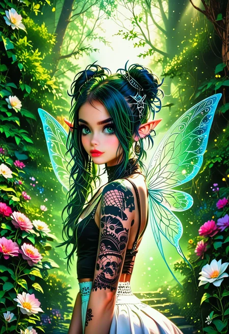 Goth, emo, fairy, humanoid feminine fairy with a pale mauve skin, intricate pearlescent horns, and multiple eyes, set against a vibrant green background. The fairie face is expressive, with a hint of curiosity and intelligence in its gaze. Its body is covered in intricate patterns and markings, suggesting a complex and ancient culture. The background is filled with flowers andushrooms, creating a sense of mystery and wonder. The flowers in her hair are a perfect, and they add a touch of femininity to her otherwise magical appearance. The forest is a perfect setting for this image, and it adds to the overall sense of mystery and intrigue. The fairies wings are sleek and shiny.
BREAK
HDR, (high contrast), (vibrant color), (ultra sharp), detailed textures, sharp focus, ultra-high pixel detail, intricate, realistic, movie scene, cinematic, high-quality, full colors, incredibly detailed, 4k, 8k, 16k, hyper-realistic, RAW photo, masterpiece, ultra-detailed, professionally color graded, professional photography, stunning quality, ultra-high resolution, photorealistic, 8k, hyper-realistic, Rembrandt lighting