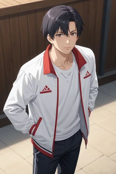 score_9, score_8_up, score_7_up,score_6_up,score_5_up,score_4_up,source_anime,BREAK, rating_safe, intricate details, , anime screencap, anime coloring, official style, depth of field,1boy, solo, male focus,<lora:yexiu:0.89>,Ye Xiu, black hair,brown eyes, short hair,bangs,looking at viewer,shirt, long sleeves, closed mouth, standing,sporty jacket,white shirt, cowboy shot, open clothes, pants, open jacket, looking to the side, hands in pockets,black pants, red trim,white jacket,red dagger logo, pocket,from above , , , <lora:sdxl_lightning_8step_lora_315544:1>