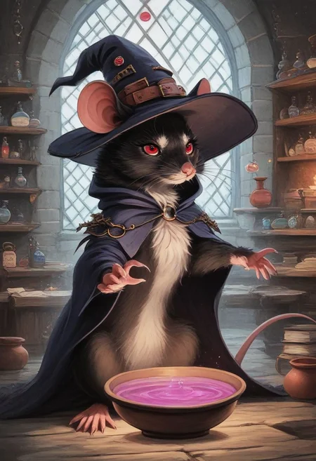 score_9, score_8_up, score_8, solo, (fluffy:1.0), (feral), outdoors, toes, furry, (((mouse)), female, chest, claws, (fluffy cheeks:1.0), fantasy, (witch hat), (black witch robes), priestess, in the style of beatrix potter, (solo:2), magic pose, serious expression, medieval, fluffy fur, (black fur), long whiskers, red eyes, medieval castle, Thomas Kinkade style, nightsky, cauldron, love potion, magic cauldron, witch brewing
