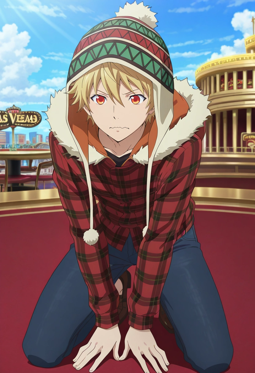 masterpiece, best quality, , anime screencap, anime coloring, official style, , 1boy, solo, male focus, <lora:yukine_noragami_ilxl:0.92>, yukine_noragami, blonde hair, red eyes, orange eyes, hood, fur trim, hat, asymmetrical, las vegas, casino, day, clouds, kneeling, wavy mouth, closed mouth, Cropped jeans, Plaid blazer, Monk strap shoes, , and