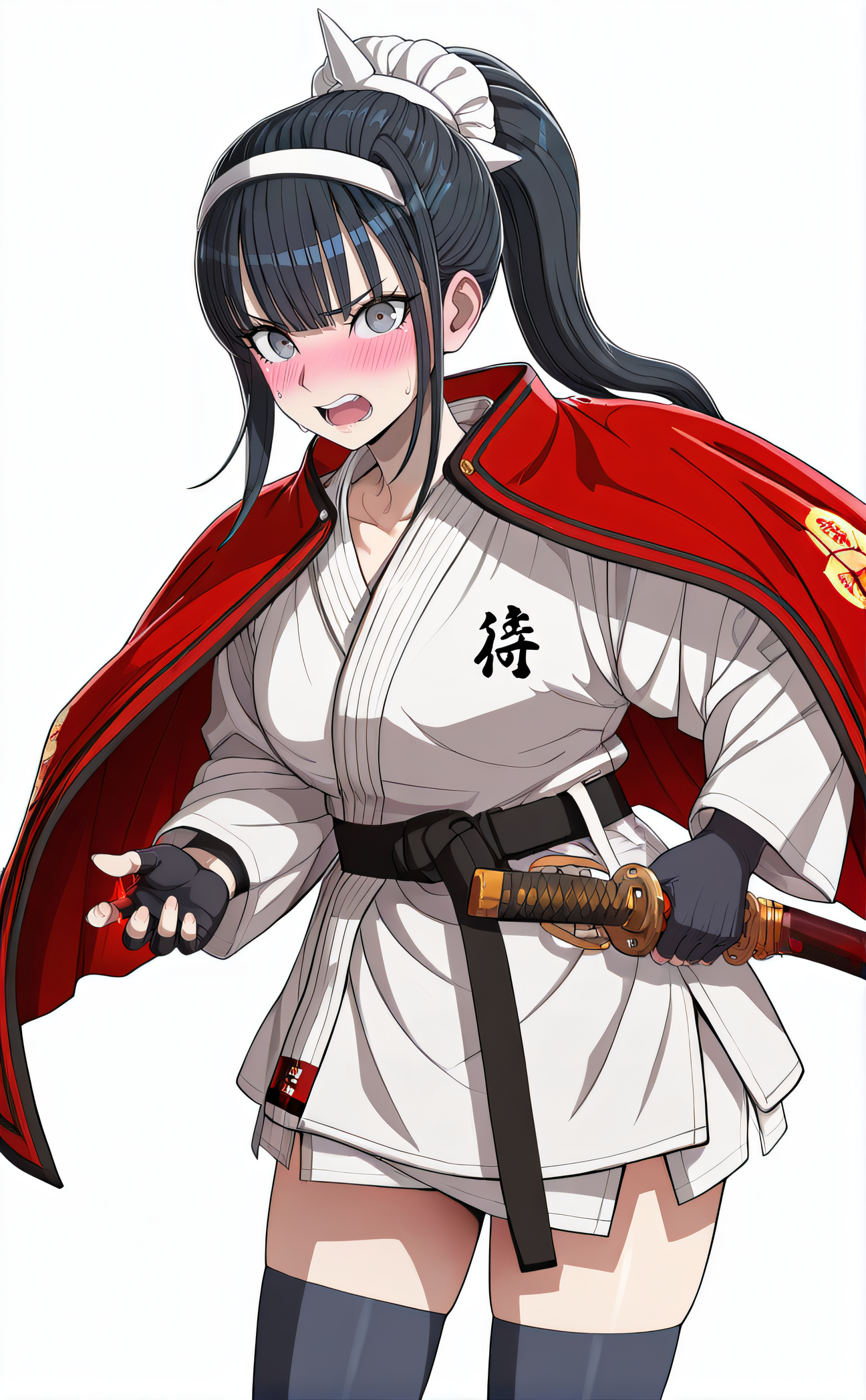 masterpiece, best quality, highres, newest, 1girl, solo, official style, artist cg, <lora:IL_Magadori_Kiyoshika:1>, kiyoshika, black hair, ponytail, grey eyes, red cape, headdress, black fingerless gloves, black belt, dougi, sheat, black thighhighs, looking at viewer, indoor, cowboy shot, five fingers, katana, blush, embarrased, open mouth, sweatdrop