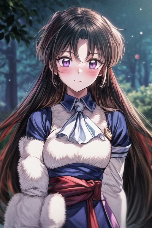 masterpiece,  best quality 1girl Setsun4 solo long hair,  (night time) forest background black hair very long hair purple eyes multicolored hair armor (fur trim) (medium body),<lora:EMS-179-EMS:0.800000>,<lora:EMS-293862-EMS:0.800000> bow, hair_bow, hair_tubes, red_bow, brown_hair, long_hair, bangs, ascot, frilled_bow, yellow_ascot, blush, smile, hair_between_eyes, athletic
