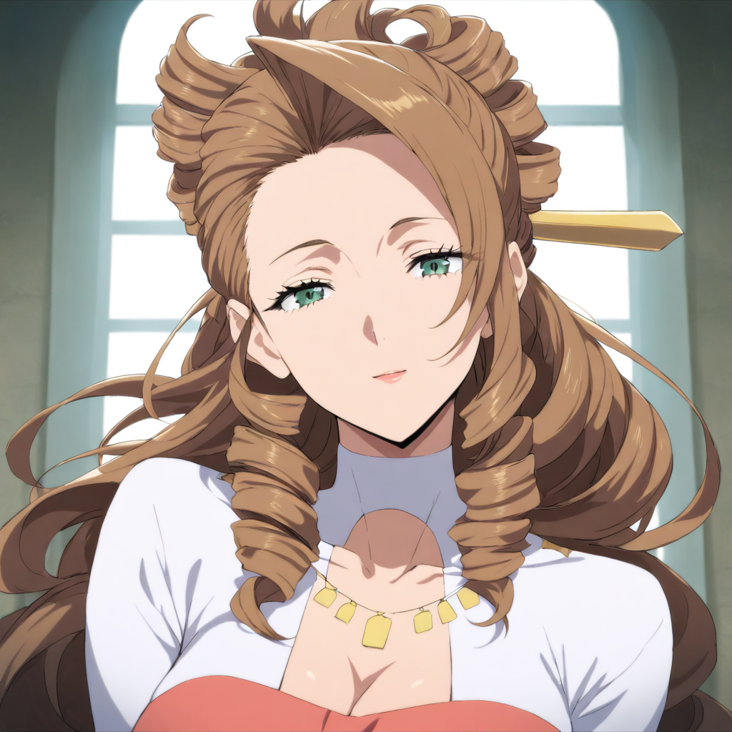 solo,looking at viewer,upper_body,portrait,masterpiece,high score,great score,absurdres,<lora:Flora_Nanadan ag4o v1:1> flora_nanadan, brown hair, long hair, drill hair, green eyes,dress,mature female,