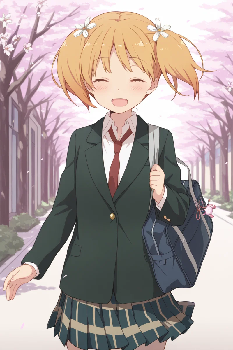 masterpiece, best quality, amazing quality,
 <lora:Yuu_IL:1> yuu, 1girl, closed eyes, school uniform, solo, hair ornament, bag, hair flower, twintails, flower, open mouth, necktie, smile, blonde hair, cherry blossoms, blazer