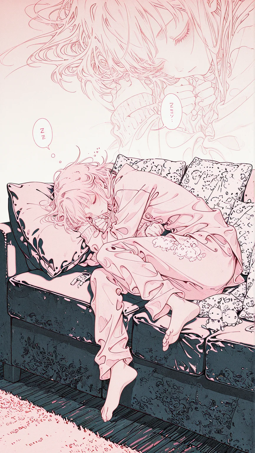 nhl-004, yueko, eps, Sinozick_illu,gradient,spot color,(wanke:1.2),(mon (monmon2133):0.9),(mochizuki kei:0.95), (tira 27:0.7),,(anime illustration, clean lineart, soft and warm color palette:1.3),
1girl, solo, sleeping, on sofa, (peaceful expression:1.1), closed eyes, slight smile, cute, speech bubble, zzz, oversized pajamas, sitting, curled up, bare feet, living room, night, comfy pillow, soft shading, warm lighting, indoor, wholesome, relaxing moment,
<lora:CADENZA:0.55> <lora:SketchPalette:0.45> <lora:nhl-004:0.4> <lora:yuekoILL:0.25> <lora:FXP02_Lokr_f4-000016:0.45> <lora:se_v1_epic_style:0.35> <lora:Sinozick_style-:0.5> <lora:Matte_Skin_Illustrious_v4:1.0>