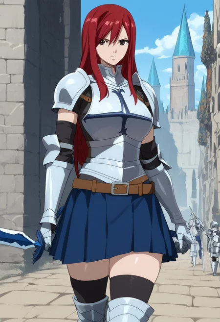 (score_9, score_8_up, score_7_up, high quality, best quality, ultra-detailed, very aesthetic, illustration, perfect composition, intricate details, absurdres, high res image, masterpiece, vibrant colors, beautiful face, detailed face, 1girl, solo focus, perfect eyes, detailed eyes), erza scarlet, Erza_Scarlet, long hair, red hair, hair between eyes, brown eyes, pale skin, thighs, perfect body, voluptuous, large breasts, curvy body, narrow-waisted, wide hips, (skirt, thighhighs, boots, belt, sword, armor, gauntlets, armored boots, greaves, knight), (neutral face, cowboy shot), (fantasy, outdoors, castle)