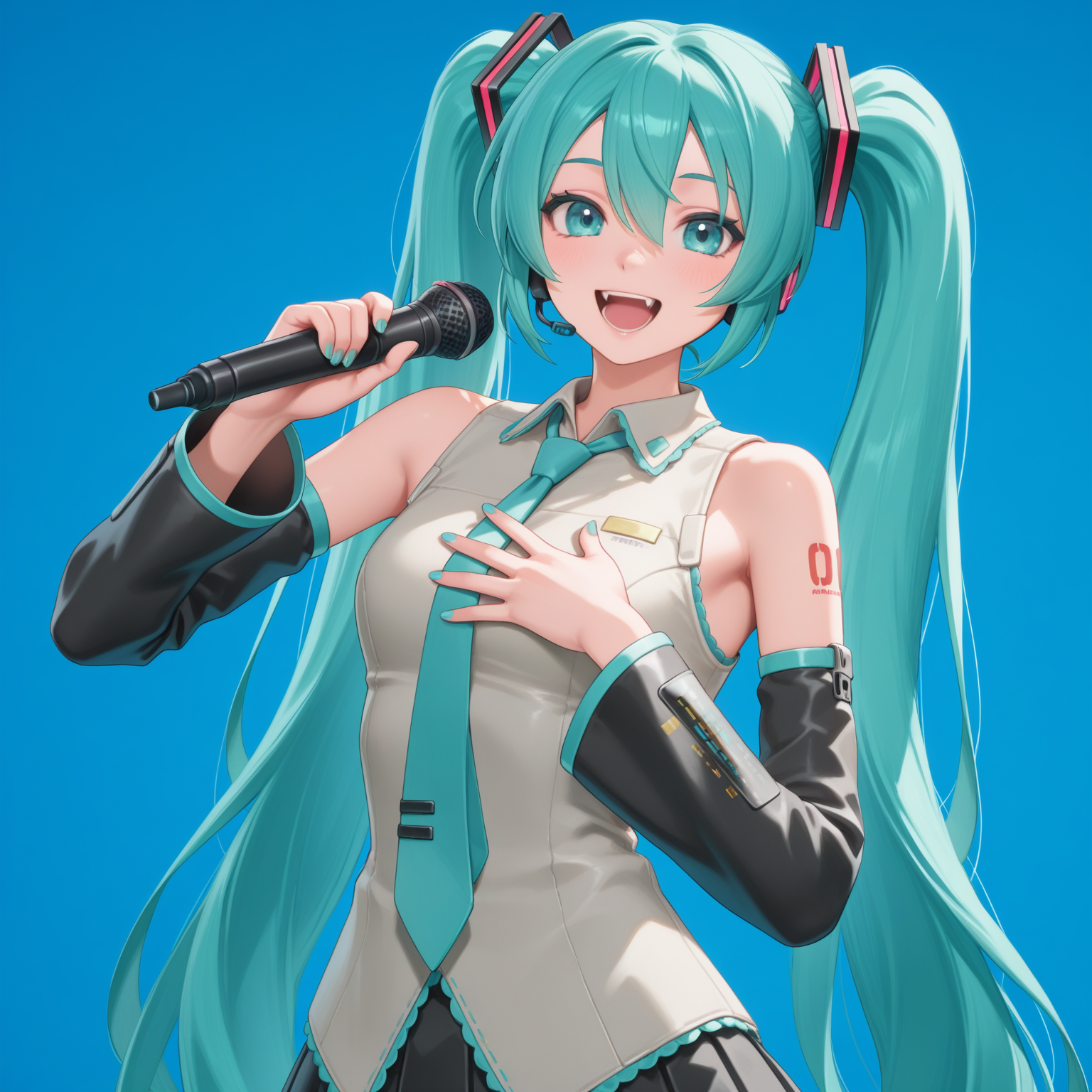 highly detailed, (upper body:1.3), (:d, happy, singing  holding microphone, solid background, blue background, hand on own chest, singing:1.5), fortnite_nemia, hatsune miku, 1girl, solo, aqua nails, aqua necktie, bare shoulders, black skirt, black sleeves, black thighhighs, boots, detached sleeves, hair ornament, hatsune miku, headphones, headset, looking at viewer, miniskirt, nail polish, necktie, pleated skirt, shirt, shoulder tattoo, skirt, sleeveless, sleeveless shirt, open mouth, fangs, teeth, <lora:Fortnite_Nemia_Demonically_Cute_Set_ILXL_E29_16_DIM:0.8>