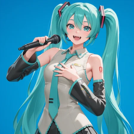 highly detailed, (upper body:1.3), (:d, happy, singing holding microphone, solid background, blue background, hand on own chest, singing:1.5), fortnite_nemia, hatsune miku, 1girl, solo, aqua nails, aqua necktie, bare shoulders, black skirt, black sleeves, black thighhighs, boots, detached sleeves, hair ornament, hatsune miku, headphones, headset, looking at viewer, miniskirt, nail polish, necktie, pleated skirt, shirt, shoulder tattoo, skirt, sleeveless, sleeveless shirt, open mouth, fangs, teeth, <lora:Fortnite_Nemia_Demonically_Cute_Set_ILXL_E29_16_DIM:0.8>