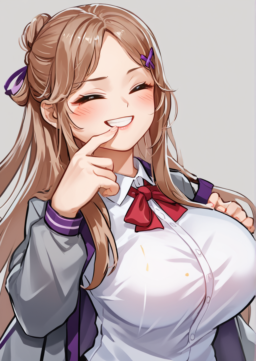 1girl, tendou maya, huge breast, bow, bowtie, brown hair, closed eyes, facing viewer, grey jacket, grin, hair ornament, hair ribbon, half updo, hand to own mouth, hand up, jacket, light blush, long hair, long sleeves, parted bangs, parted lips, portrait, purple ribbon, red bow, red bowtie, ribbon, school uniform, seishou music academy uniform, shirt, sidelocks, smile, solo, white shirt, x hair ornament, zPDXL3 <lora:Rachel_Kaniar24:1>