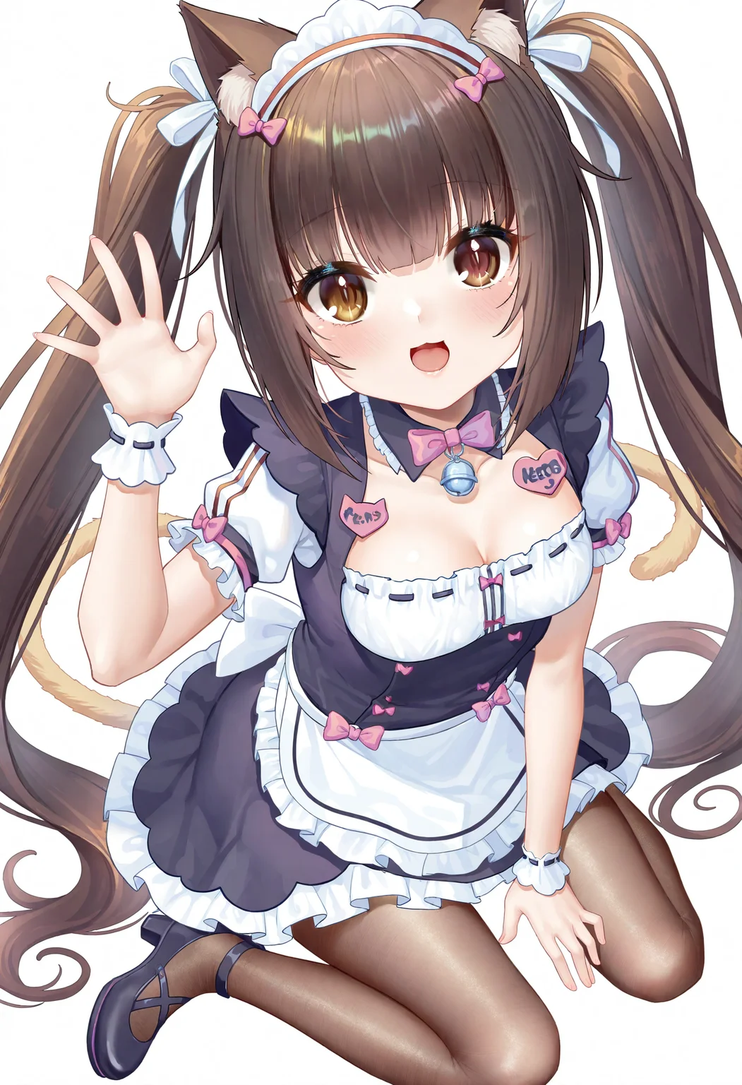 1girl, chocola \(nekopara\), nekopara,
(fh moya:0.3),
solo, pantyhose, cat tail, very awa hurunos \(meme\), black footwear, brown eyes, short sleeves, wrist cuffs, wariza, :d, frills, white collar, animal ear fluff, ribbon trim, puffy short sleeves, collarbone, blush, frilled apron, yellow bowtie, animal ear, bowtie, yellow bow, collar, bow, hand up, white apron, small breasts, sitting, simple background, twintails, looking at viewer, long hair, puffy sleeves, apron, tail, full body, cleavage, white background, breasts, black hair, smile, open mouth, brown pantyhose, meme, cat ears, pink bow,
masterpiece, best quality, newest, absurdres, highres
<lora:moya1_noob1.1-000193:0.7>