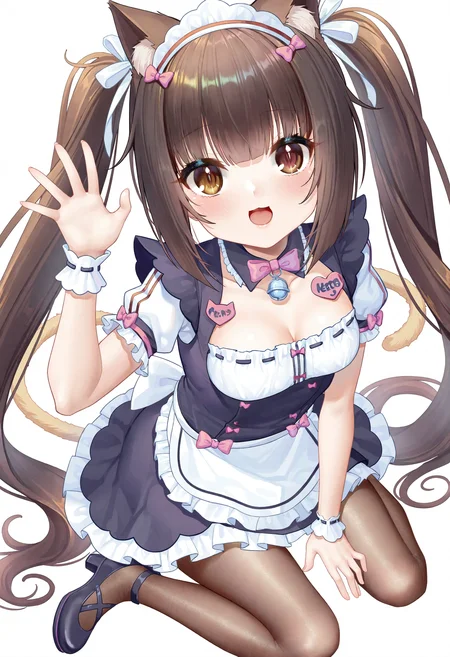 1girl, chocola \(nekopara\), nekopara, 
(fh moya:0.3), 
solo, pantyhose, cat tail, very awa hurunos \(meme\), black footwear, brown eyes, short sleeves, wrist cuffs, wariza, :d, frills, white collar, animal ear fluff, ribbon trim, puffy short sleeves, collarbone, blush, frilled apron, yellow bowtie, animal ear, bowtie, yellow bow, collar, bow, hand up, white apron, small breasts, sitting, simple background, twintails, looking at viewer, long hair, puffy sleeves, apron, tail, full body, cleavage, white background, breasts, black hair, smile, open mouth, brown pantyhose, meme, cat ears, pink bow,
masterpiece, best quality, newest, absurdres, highres
 <lora:moya1_noob1.1-000193:0.7>