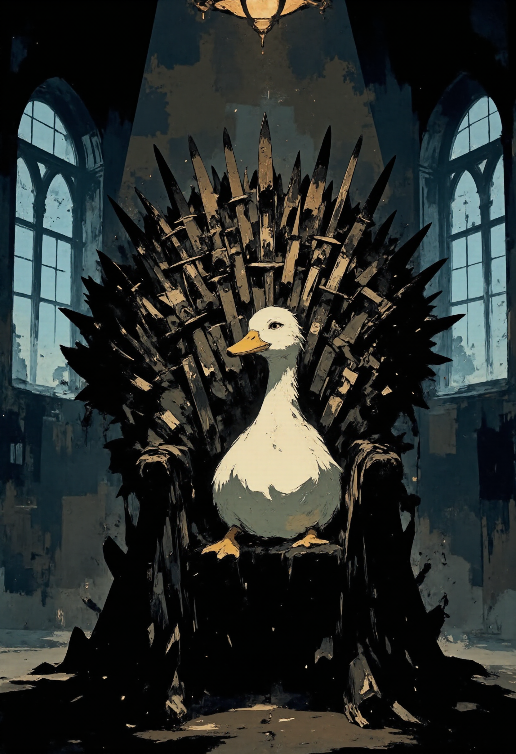 A majestic and dramatic scene featuring the iconic throne from Game of Thrones, crafted from countless swords, with a normal duck perched casually on the throne. 
The throne's intricate details are sharply defined, with the metallic swords gleaming under a soft, diffused light that casts subtle shadows across the room. The duck's neutral expression emphasize its everyday nature, creating a playful juxtaposition against the dark and imposing atmosphere of the throne.
The background is dimly lit, with faint rays of light filtering through high arched windows, creating a moody and cinematic ambiance. The art style is highly detailed and realistic, focusing on the textures of the duck's feathers and the cold, sharp edges of the throne. The scene conveys a sense of irony and humor while retaining the epic fantasy setting.
<lora:CPA:0.5> <lora:FLUX-daubrez-DB4RZ-v2:0.3> <lora:ck-shadow-circuit:0.35> in the style of cksc, <lora:Ethereal Brush Anime v2.0:0.3> <lora:It's a LoRA for portraits, BUT! actually specialized in backgrounds. v1.0:0.15> <lora:Dark_and_sentimental:0.8> <lora:dreadmirth-style-art:0.5> dreadmirthart