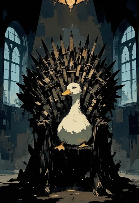A majestic and dramatic scene featuring the iconic throne from Game of Thrones, crafted from countless swords, with a normal duck perched casually on the throne.
The throne's intricate details are sharply defined, with the metallic swords gleaming under a soft, diffused light that casts subtle shadows across the room. The duck's neutral expression emphasize its everyday nature, creating a playful juxtaposition against the dark and imposing atmosphere of the throne.
The background is dimly lit, with faint rays of light filtering through high arched windows, creating a moody and cinematic ambiance. The art style is highly detailed and realistic, focusing on the textures of the duck's feathers and the cold, sharp edges of the throne. The scene conveys a sense of irony and humor while retaining the epic fantasy setting.
<lora:CPA:0.5> <lora:FLUX-daubrez-DB4RZ-v2:0.3> <lora:ck-shadow-circuit:0.35> in the style of cksc, <lora:Ethereal Brush Anime v2.0:0.3> <lora:It's a LoRA for portraits, BUT! actually specialized in backgrounds. v1.0:0.15> <lora:Dark_and_sentimental:0.8> <lora:dreadmirth-style-art:0.5> dreadmirthart