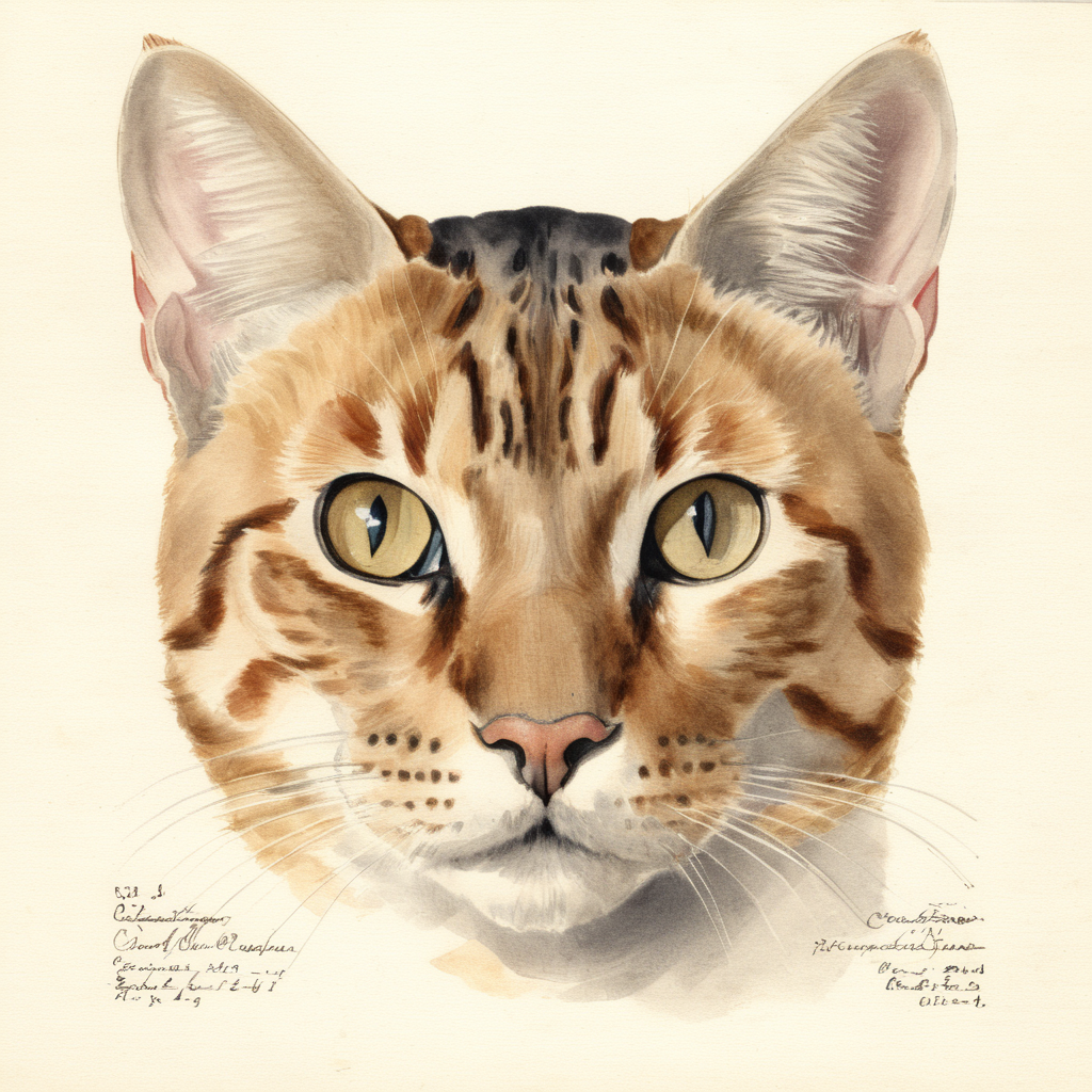 illustrative drawing of a ANATOMY OF A CAT HEAD, anatomy,  pomological watercolor <lora:PomologicalConfig4DebWITHTE4RP:1>
