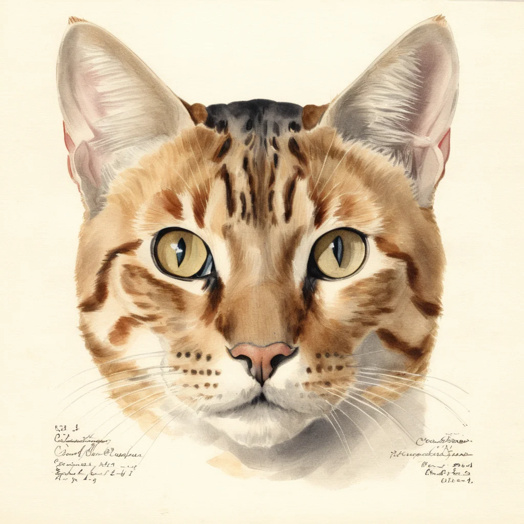 illustrative drawing of a ANATOMY OF A CAT HEAD, anatomy, pomological watercolor <lora:PomologicalConfig4DebWITHTE4RP:1>