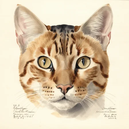illustrative drawing of a ANATOMY OF A CAT HEAD, anatomy,  pomological watercolor <lora:PomologicalConfig4DebWITHTE4RP:1>